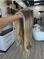 Perruque Lace Front 100% Cheveux Européens Naturels, Lace Top, Racine Brun Moyen Effet Fondant avec Mèches Blondes, Nœuds Simples Invisibles, pour Femmes Souffrant de Perte de Cheveux