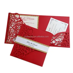 Papel de bolsillo rojo de tres pliegues, tarjetas de invitación de boda, corte láser con inserto dorado impreso, Banda del vientre y sobre