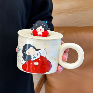 Tasse en céramique Dreamy Girl avec couvercle et poignée, motif de dessin animé, tasse individuelle pour le thé, le petit-déjeuner ou les cadeaux, printemps 2024 YL8129 - Product Image 1