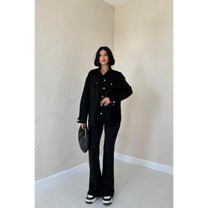 Chemise en daim noire à boutons pression pour femme, style minimaliste au quotidien, design simple, chemisier boutonné - Product Image 4