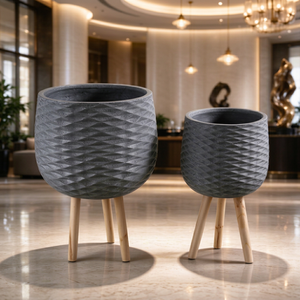 Modern Concrete Flower Pot with Wood Legs 3D Diamond Pattern Indoor Planter Set Minimalist Design for Hotel Decor - Product Image 1