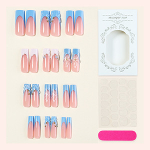 TSZS 24 <span class=keywords><strong>Uñas</strong></span> Postizas Francesas con Polvo Brillante Azul <span class=keywords><strong>y</strong></span> Blanco, <span class=keywords><strong>Uñas</strong></span> Postizas 3D con Flores <span class=keywords><strong>y</strong></span> Perlas, <span class=keywords><strong>Uñas</strong></span> Postizas <span class=keywords><strong>Largas</strong></span> <span class=keywords><strong>y</strong></span> Cuadradas para Manicura - Product Image 2