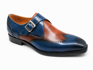 Blue <b>Brown</b> Two Tone Genuine Leather <b>Monk</b> Strap <b>Shoes</b> for <b>Men</b> Slip On Dress <b>Shoes</b> Round Toe Brogue Office Career Business Wedding - Product Image 3