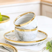 Vente flash - Service de vaisselle en céramique en porcelaine durable, couleur marbre nordique, bord doré, vaisselle écologique