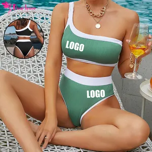 Dear-Lover Custom Logo Silicone Printing High Waist Ribbed Two Piece Beachwear Bikini Set Custom Fitness Swimwear Women