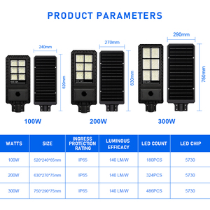 Wholesale Outdoor Waterproof <b>100W</b> 200W 300WIP65 Street <b>Solar</b> Lamp Integrated <b>Solar</b> Street Light With Motion Sensor - Product Image 3