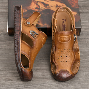 Men <b>Closed</b> <b>Toe</b> Flat <b>Sandals</b> Microfiber <b>Leather</b> Breathable Casual Summer Shoes Rubber Outsole - Product Image 3