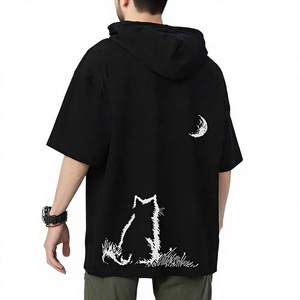 เสื้อยืดโอเวอร์ไซส์มีฮู้ดสีดำสำหรับผู้ชายพร้อมลายพิมพ์แมวและดวงจันทร์แขนสั้นเสื้อผ้าฝ้ายลำลอง - Product Image 1