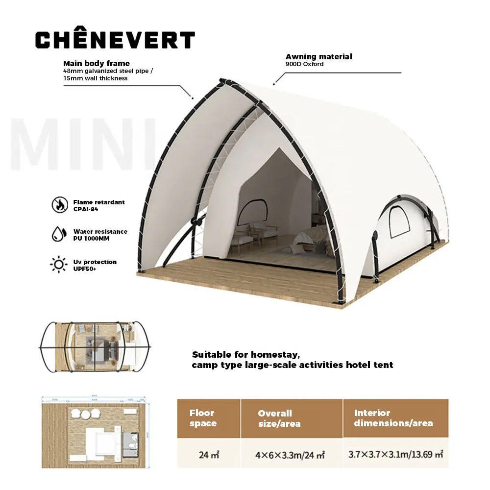 CHENEVERT Tente de camping d'hôtel de luxe Glamping Tente safari extérieure imperméable de luxe pour hôtel et complexe hôtelier