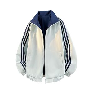 Chaqueta básica con logo personalizado, tres franjas, cortavientos de primavera y otoño, abrigo sencillo de color sólido para hombre y mujer, transpirable. - Product Image 3