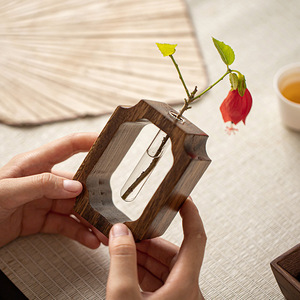 Walnut Wood Transparent Glass <b>Vase</b> With <b>Unique</b> Design For Fresh Flowers Desktop Ornament Wabi Sabi Style - Product Image 4