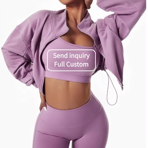 Set Yoga da Donna Invernale 2024 All'Ingrosso da 4 Pezzi con Logo Personalizzato, Completo Sportivo Traspirante e Antivento con Reggiseno a Manica Corta e Leggings - Product Image 1