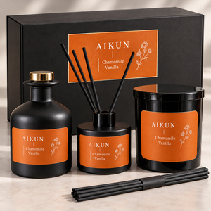 Coffret Cadeau Parfum d'Ambiance Aikun Camomille Vanille en Verre Noir 3 Pièces avec Bougie et Diffuseur, Marque Privée, Commande en Gros - Product Image 2