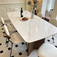 Table à manger ovale nordique vintage en bois massif de noyer avec plateau en pierre naturelle et chaise assortie