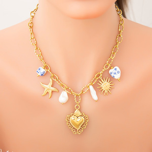 Collar de Perlas de Acero Inoxidable Estilo Europeo Americano con Colgante de Corazón, Cadena para Clavícula, Chapado en Oro de 18K, Regalo de Joyería - Product Image 1