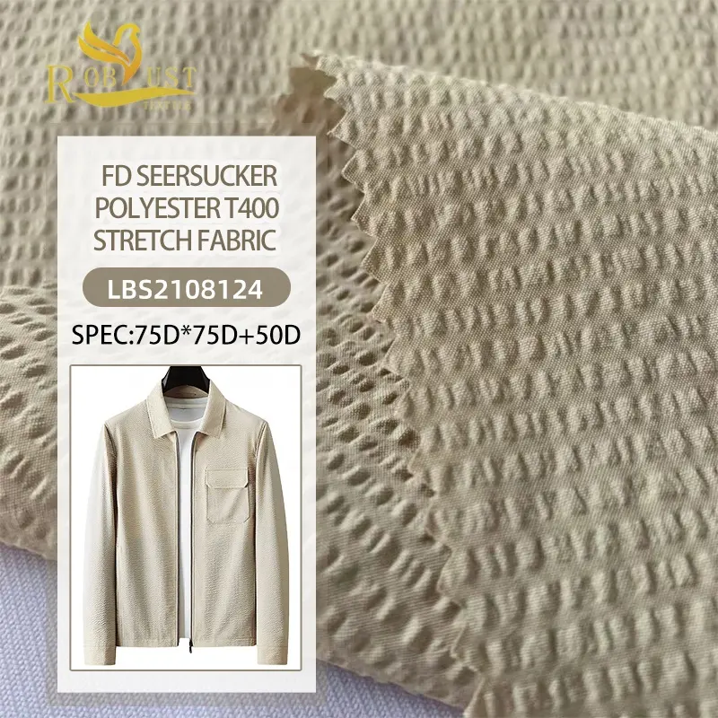 Bán Buôn 75D 105gsm Đầy Đủ Ngu Si Đần Độn Nhăn 100% Polyester T400 Cơ Căng Seersucker Vải Cho T-shirt Polyester Jacket