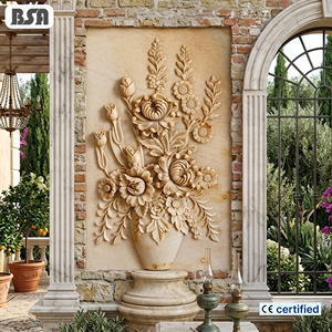 Custom Marble <b>Flower</b> Vase Floral Relief | Artistic Hand-Carved Stone <b>Wall</b> Hanging Sculpture for Courtyard & Decoration BSAFD-000 - Product Image 1
