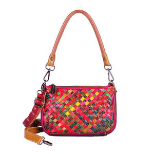 Bolso de Mano de Cuero Vacuno Genuino para Mujer, con Asa Superior Trenzada, Diseño a Rayas en Contraste de Color, Bolso Pequeño de Hombro/Axila - Product Image 1