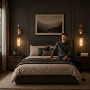 Lámpara de Pared Moderna de Alabastro, Aplique de Latón con Detalles de Madera, Iluminación de Pared de Estilo Mid-Century, Luz de Dormitorio de Piedra Natural - Product Image 1