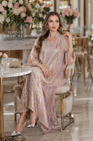 Abaya longue transparente à col montant, manches trois-quarts, broderie verticale complète de sequins dorés, personnalisable OEM ODM | Robe de mariée musulmane
