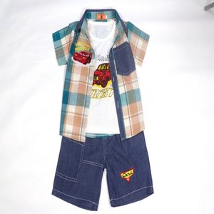 2023キッズ服スパイダーマンハワイアンスタイルボーイズカジュアルベストチェック柄シャツデニムショーツ子供用純綿スリーピーススーツ - Product Image 6
