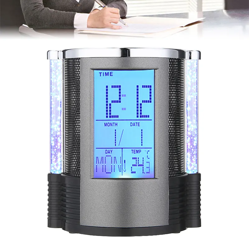 Digital Mesh Pen Pencil Holder With LED Light LCD Desk Alarm Clock Pen Holder Pens Rulers Office Desk Organizer