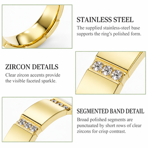 Geometric Zircon Band <b>Ring</b> Stainless <b>Steel</b> 14K Gold Vacuum Plated Gold Tone Segmented Statement <b>Ring</b> - Product Image 4