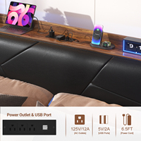 Cama Moderna de Tamaño Matrimonial con Luz LED RGB y Estación de Carga, Base de Cama de Plataforma de Metal Resistente con Cabecera Tapizada para Dormitorio, Hotel, Escuela