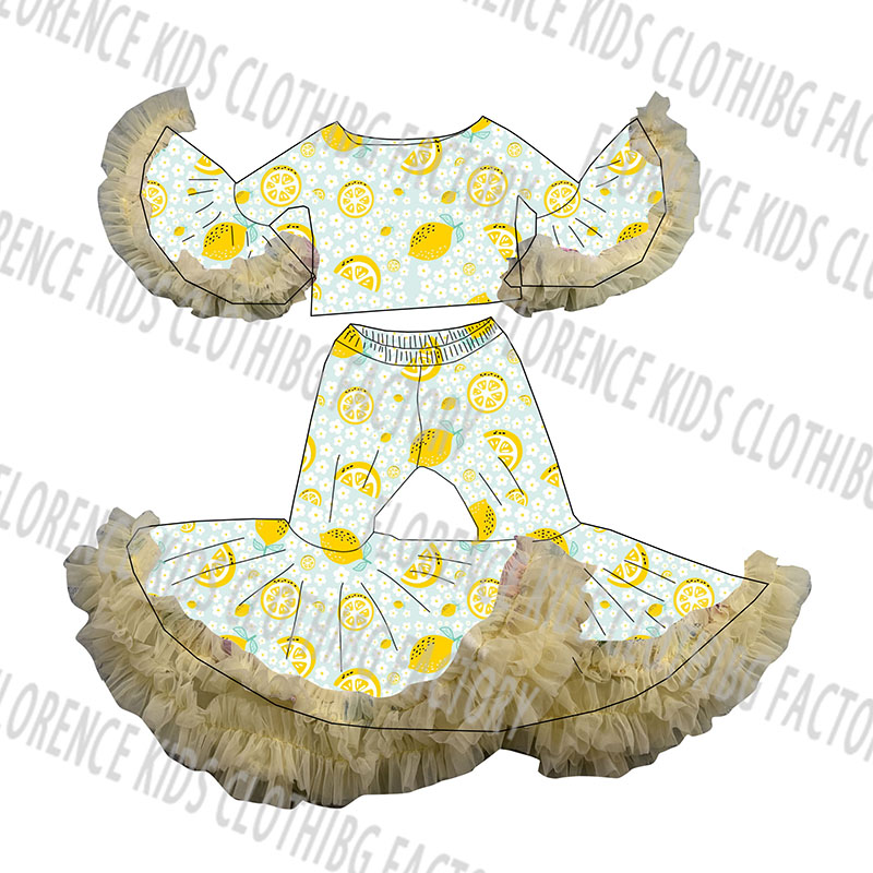 DH Customizable Girls' Clothing Set OEM Lemon Print Fluffy Big Bell Pants Casual Long Sleeve Outfit Milk Silk
