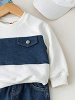 Ensemble de vêtements pour garçon, sweat-shirt en denim blanc et bleu patchwork, jeans déchirés, 2 pièces, décontracté, pour enfants