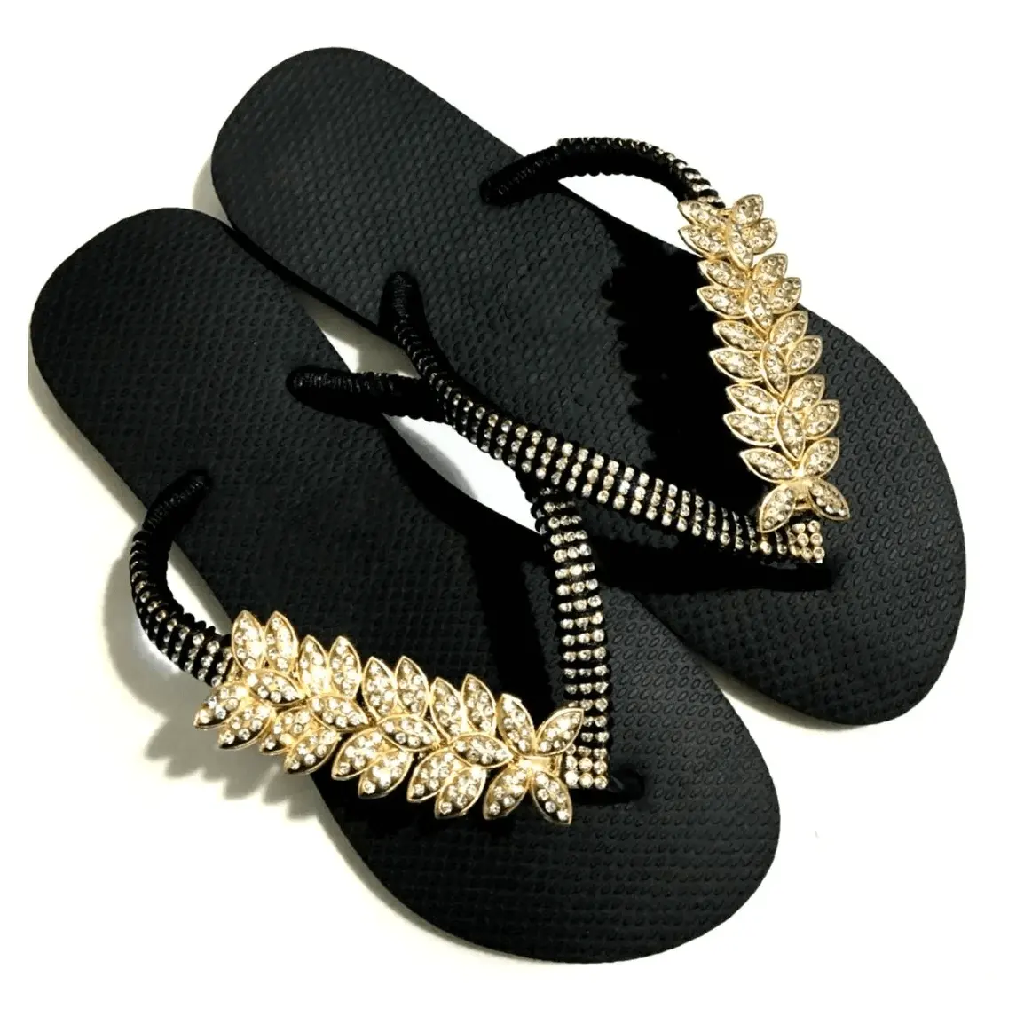 Flip Flops Solid Black Flat Slide Slippers Handcrafted Embellishment Sandals Leaf Rhinestone Bling Sandals