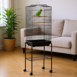 Jaula para pájaros de metal negro con soporte con ruedas y cesta de almacenamiento para aves de interior - Product Image 2