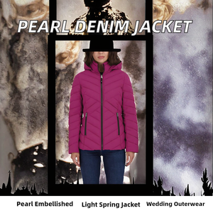 โรงงานขายส่งเสื้อแจ็คเก็ตยีนส์ผู้หญิงแบบมีไข่มุก ระบายอากาศได้ดี ตกแต่งด้วยไข่มุก ทรงหลวม บางเบา สไตล์สั้น สำหรับฤดูใบไม้ผลิและฤดูใบไม้ร่วง เหมาะสำหรับงานแต่งงาน - Product Image 2