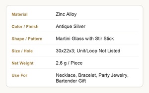 Breloque de <span class=keywords><strong>verre</strong></span> à cocktail <span class=keywords><strong>Martini</strong></span> en alliage de zinc argenté antique, pendentif agitateur pour verres à vin - Product Image 3