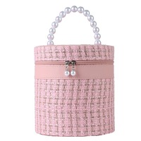 Sac de maquillage cylindrique rond pour femme en tweed de luxe avec poignée en perles, grande capacité, miroir de voyage portable et garniture en cuir