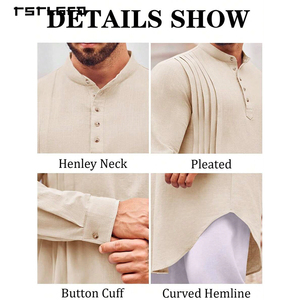 <b>Men</b> Cream Cotton Linen Kurta Henley Neck Pintuck Pleat Curved Hem Long Sleeve Loose Mid-Length Islamic Casual Modest Shirt - Product Image 4