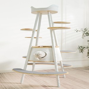 Bestseller Klassischer Luxuriöser Moderner Großer Gummibaumholz Umweltfreundlicher Katzenbaum mit Eisenrahmen für Wohnungskatzen 4-Stufiges Langlebiges Design - Product Image 3