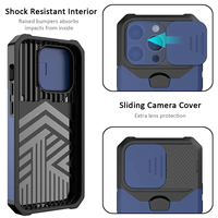 Coque de Téléphone pour iPhone 17 16 15 14 13 12 11 Pro Max avec Cache Caméra Coulissant, Porte-Cartes, Anneau de Protection Robuste, Béquille Magnétique et Armure