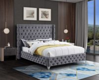 Combohome Cama Moderna Tapizada en Terciopelo, Estructura de Roble Macizo, Acolchado Profundo con Botones, Acabado Cromado Dorado, Gris, Ecológica