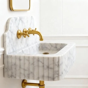 Lavabo Individual de Mármol Personalizado, Diseño Moderno Acanalado, Lavabo Flotante con Protector Trasero de Mármol, Grifo, Conjunto de Lavabo Pequeño <span class=keywords><strong>para</strong></span> Baño - Product Image 2