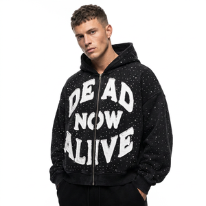 Sweat à capuche homme personnalisé Y2K Goth Streetwear, en coton épais 500 GSM, avec strass, fermeture éclair intégrale, effet vieilli et délavé à l'acide - Product Image 2