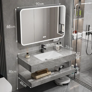 Meuble de salle de bain gris simple, armoire à miroir intelligente, comptoir en pierre suspendu, lavabo blanc - Product Image 1
