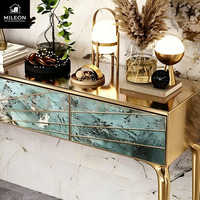 Table console en mosaïque d'art moderne avec pieds en métal doré, table d'entrée haut de gamme, meuble console décoratif de luxe