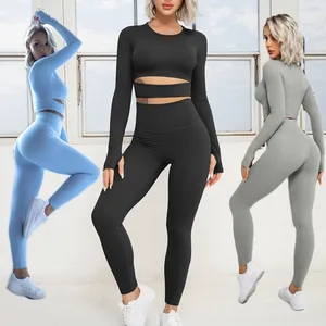 Set Yoga untuk Wanita, Pakaian Olahraga Tanpa Kelim, Pakaian Fitness, Legging Pinggang Tinggi, Lengan Panjang, Atasan Crop Hollow Out