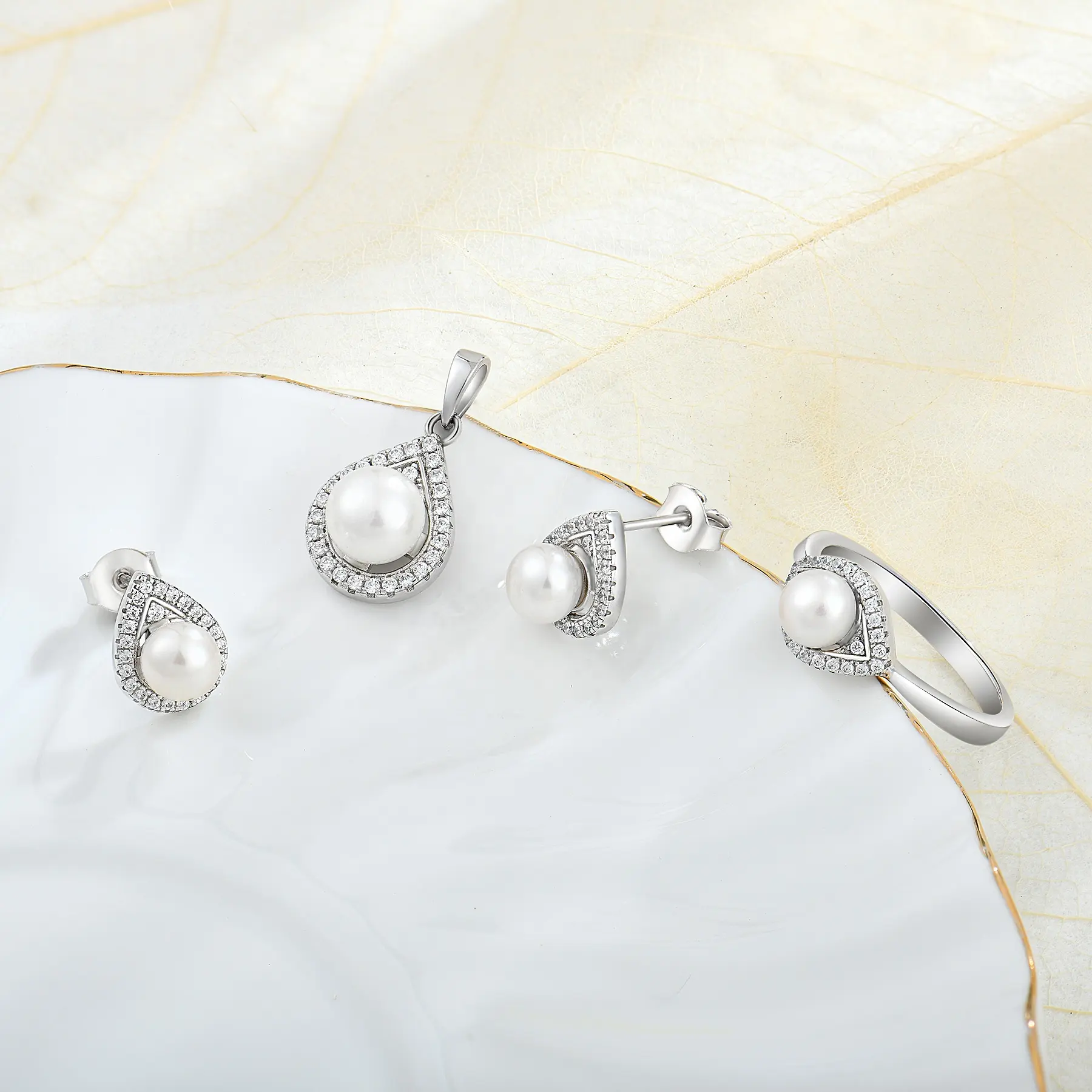 Women Party Gift Cubic Zirconia Luxury 925 Silver Pearl Earrings Ring Pendant Fine Jewelry Set