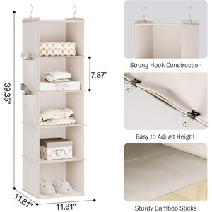 Hanging Closet Organizer 5 <b>Shelf</b> Beige Non Woven Fabric Storage <b>Shelves</b> For Bedroom Neatening - Product Image 3