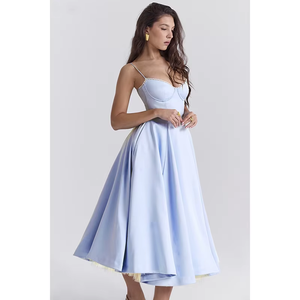 Robe mi-longue de style resort décontracté, taille empire translucide, printemps, robe formelle bleu <span class=keywords><strong>Mademoiselle</strong></span> pour adultes, couleur unie, OEM - Product Image 3