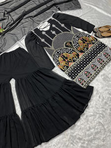 Traje de diseñador étnico moderno pakistaní indio tela de Georgette de imitación pesada Sharara Palazzo Dupatta alto tradicional verano bajo - Product Image 3