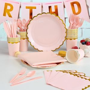 Ensemble de 176 Assiettes en Papier Bordées Or Rose, Fournitures de Fête, Couverts, Serviettes, Gobelets pour Anniversaires - Product Image 1