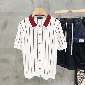 Polo décontracté pour <span class=keywords><strong>homme</strong></span> en polyester à rayures bretonnes bleu roi, t-shirt tricoté - Product Image 3